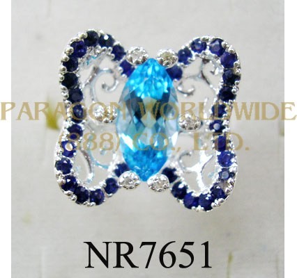 925 Sterling Silver Ring Light Swiss Blue Topaz + Sapphire and White Diamond - NR7651