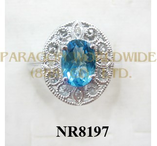 925 Sterling Silver Ring Light Swiss Blue Topaz and White Diamond - NR8197