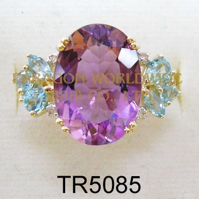 10K Yellow Gold Ring  Amethyst + Light Swiss Blue Topaz and White Diamond - TR5085 