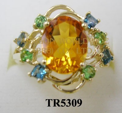 10K Yellow Gold Ring  Tangerine Citrine+Tsavorite and London Blue Topaz - TR5309 