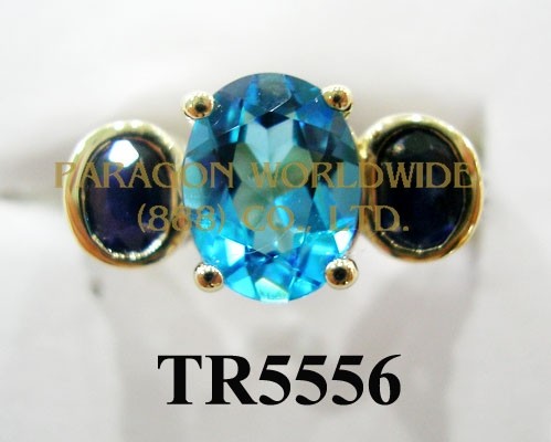 10K Yellow Gold Ring  Light Swiss Blue Topaz + Sapphire and White Diamond  - TR5556 