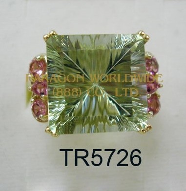 10K Yellow Gold Ring  Green Amethyst and Pink Tourmarine - TR5726 