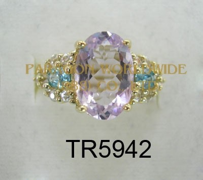 10K Yellow Gold Ring  Pink Amethyst + Blue Zircon and White Diamond - TR5942 