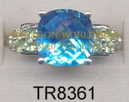 10K White Gold Ring  Light Swiss Blue Topaz + Peridot and White Diamond - TR8361 