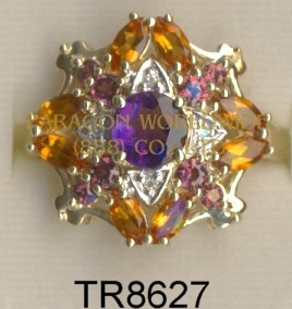 10K Yellow Gold Ring  Madeira Citrine + Amethyst +Rhodolite and White Diamond - TR8627 