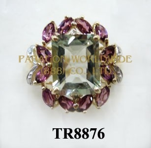 10K Yellow Gold Ring  Green Amethyst+Rhodolite and White Diamond - TR8876