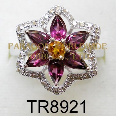 10K White Gold Ring  Rhodolite + Madeira Citrine and White Diamond - TR8921 