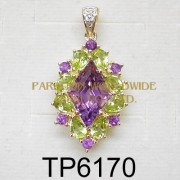 10K Yellow Gold Pendant  Amethyst+Peridot and White Diamond - TP6170