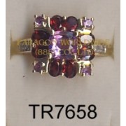 10K Yellow Gold Ring Amethyst + Garnet and White Diamond - TR7658 