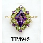 10K Yellow Gold Ring  Amethyst+Peridot and White Diamond - TR8945 