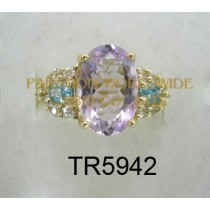 10K Yellow Gold Ring  Pink Amethyst + Blue Zircon and White Diamond - TR5942 