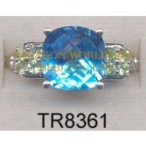 10K White Gold Ring  Light Swiss Blue Topaz + Peridot and White Diamond - TR8361 