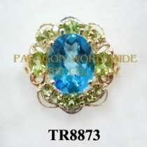 10K White Gold Ring  Light Swiss Blue Topaz + Peridot and White Diamond - TR8873 