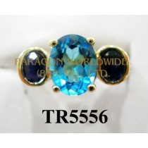 10K Yellow Gold Ring  Light Swiss Blue Topaz + Sapphire and White Diamond  - TR5556 
