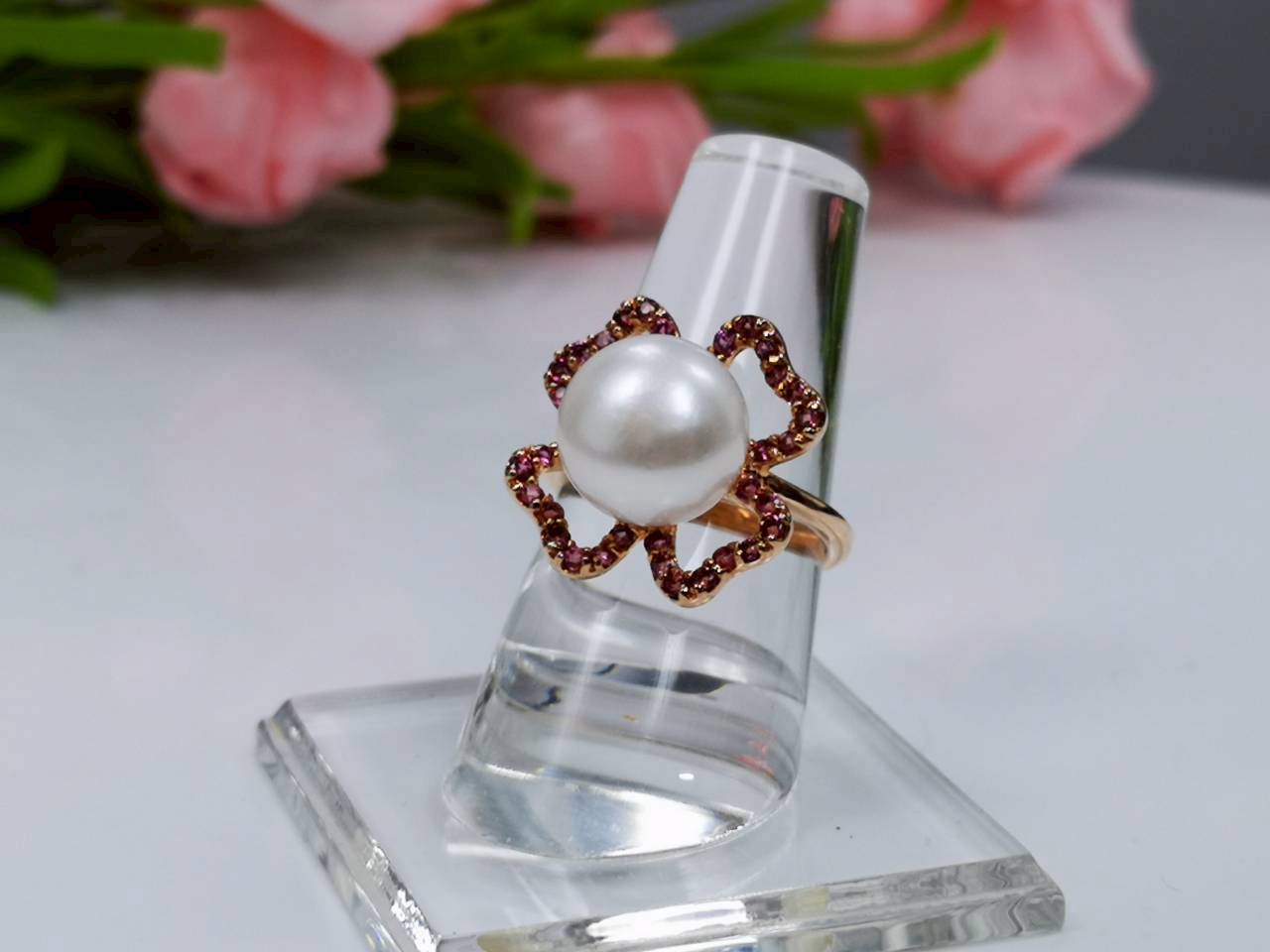 925 Sterling Silver Ring White pearl with Pink Tourmaline - NR10373